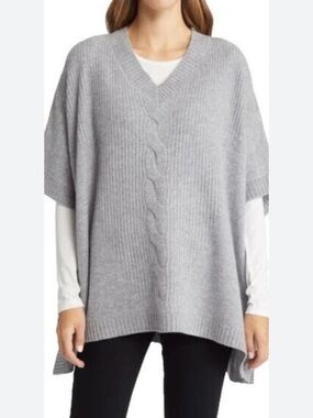 Nordstrom V-Neck Cable Oversized Sweater Poncho Wool Cashmere Quiet Luxury